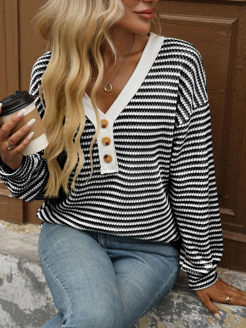 Stevie Striped V-Neck Button-Front Top