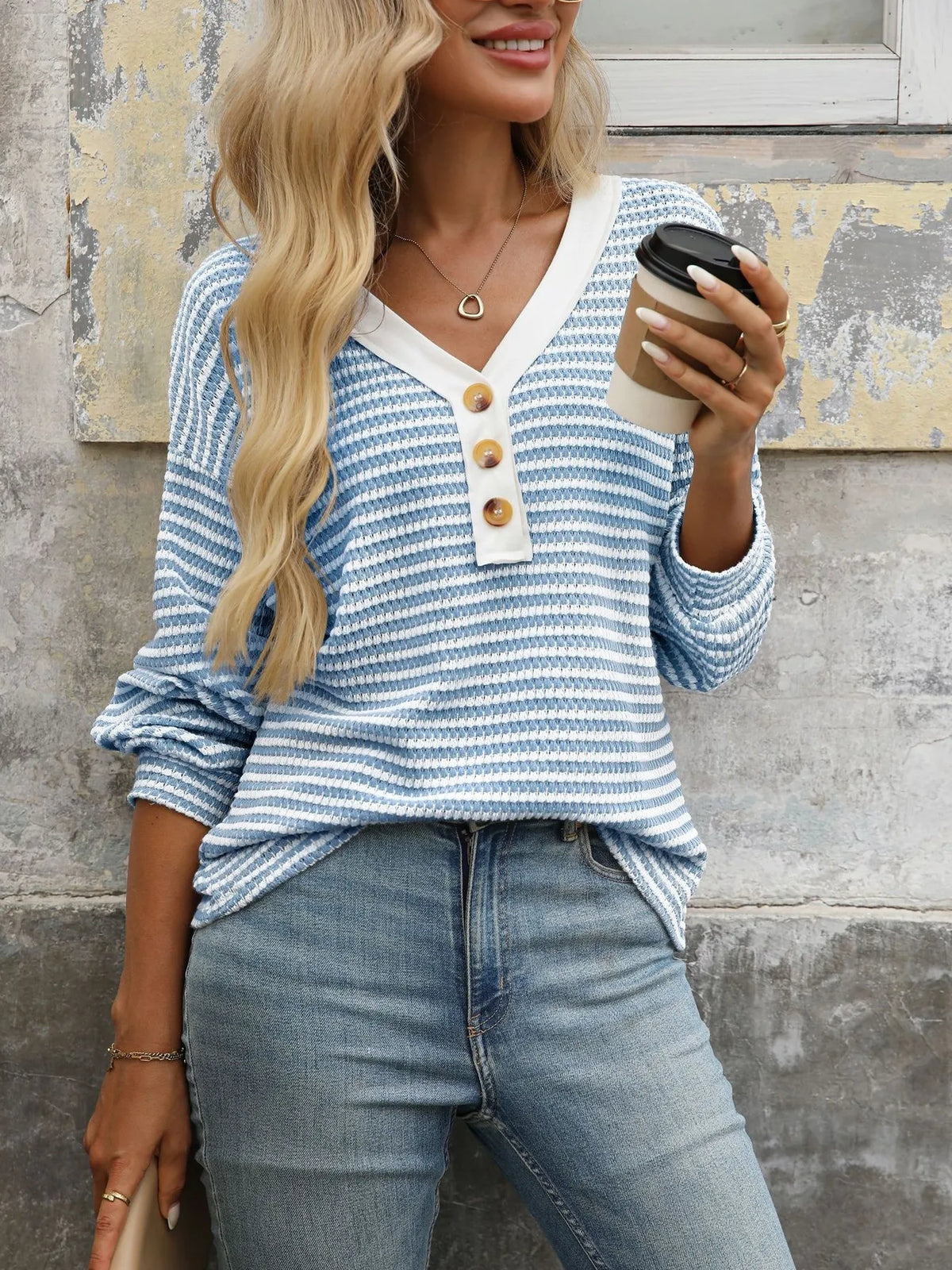 Stevie Striped V-Neck Button-Front Top