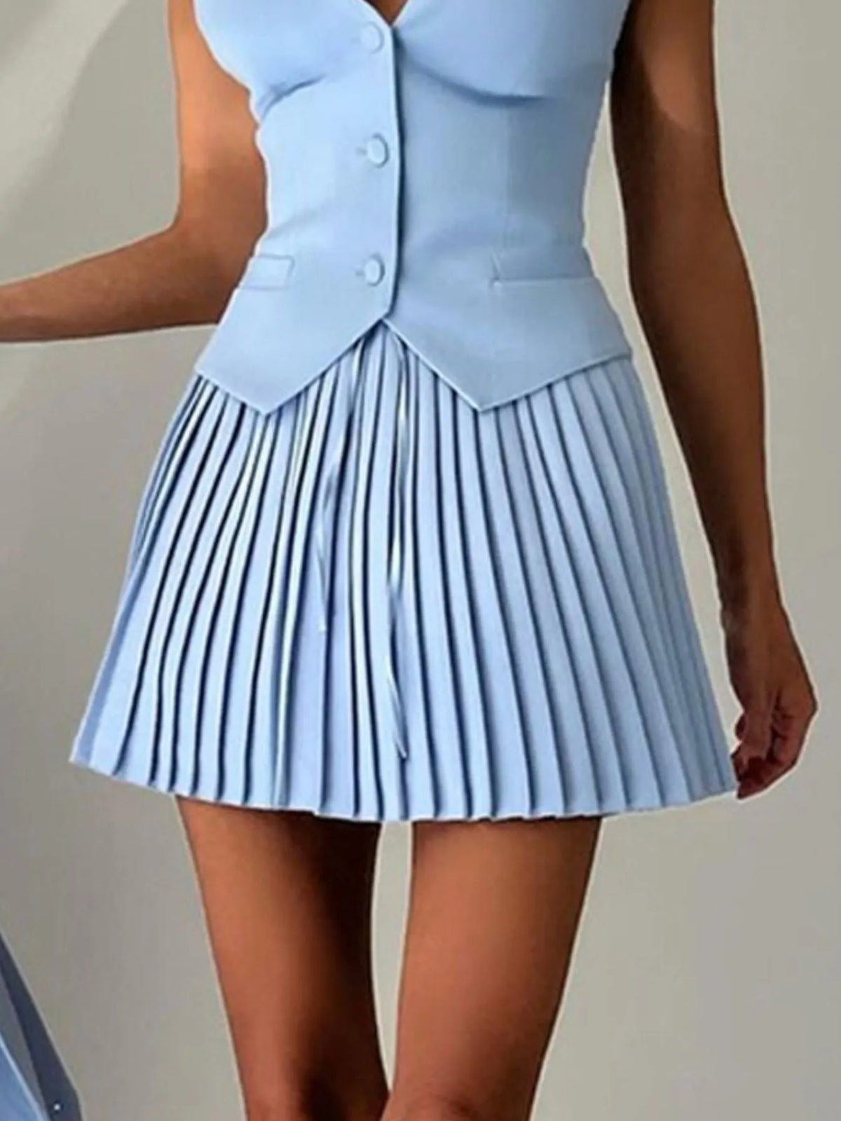 Willa Button-Vest & Pleated Mini Skirt Set
