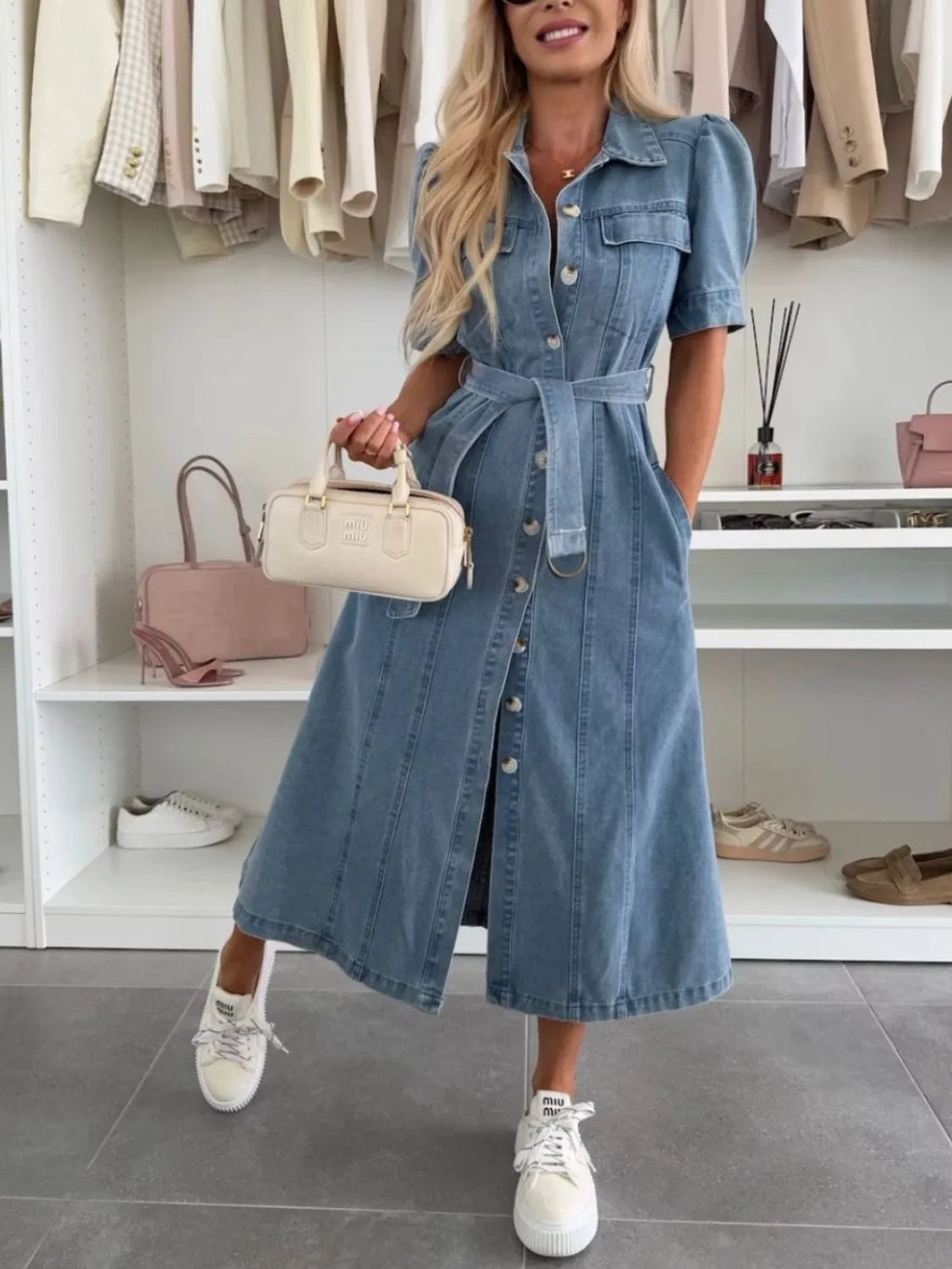 Petra Puff-Sleeve Button Denim Maxi Dress