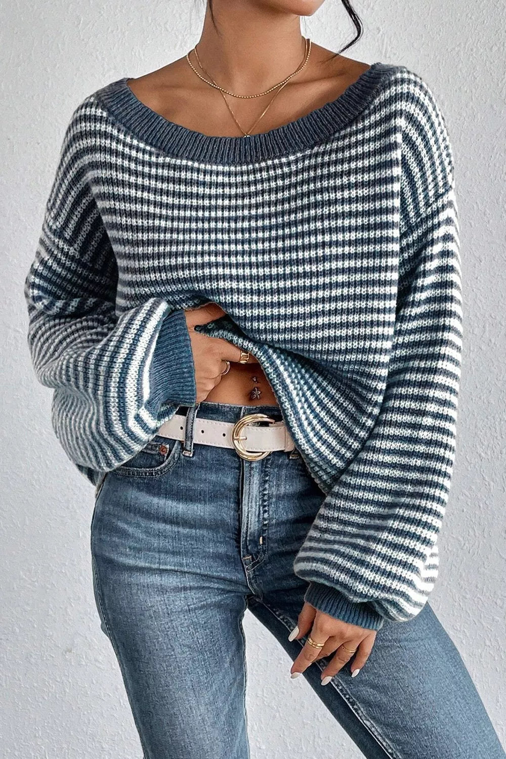 Lorene Striped Lantern-Sleeve Sweater