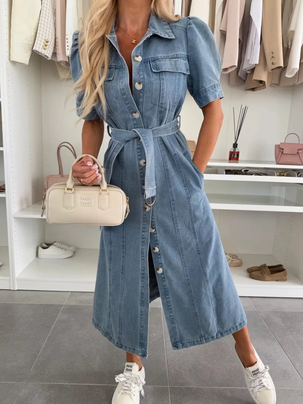 Petra Puff-Sleeve Button Denim Maxi Dress
