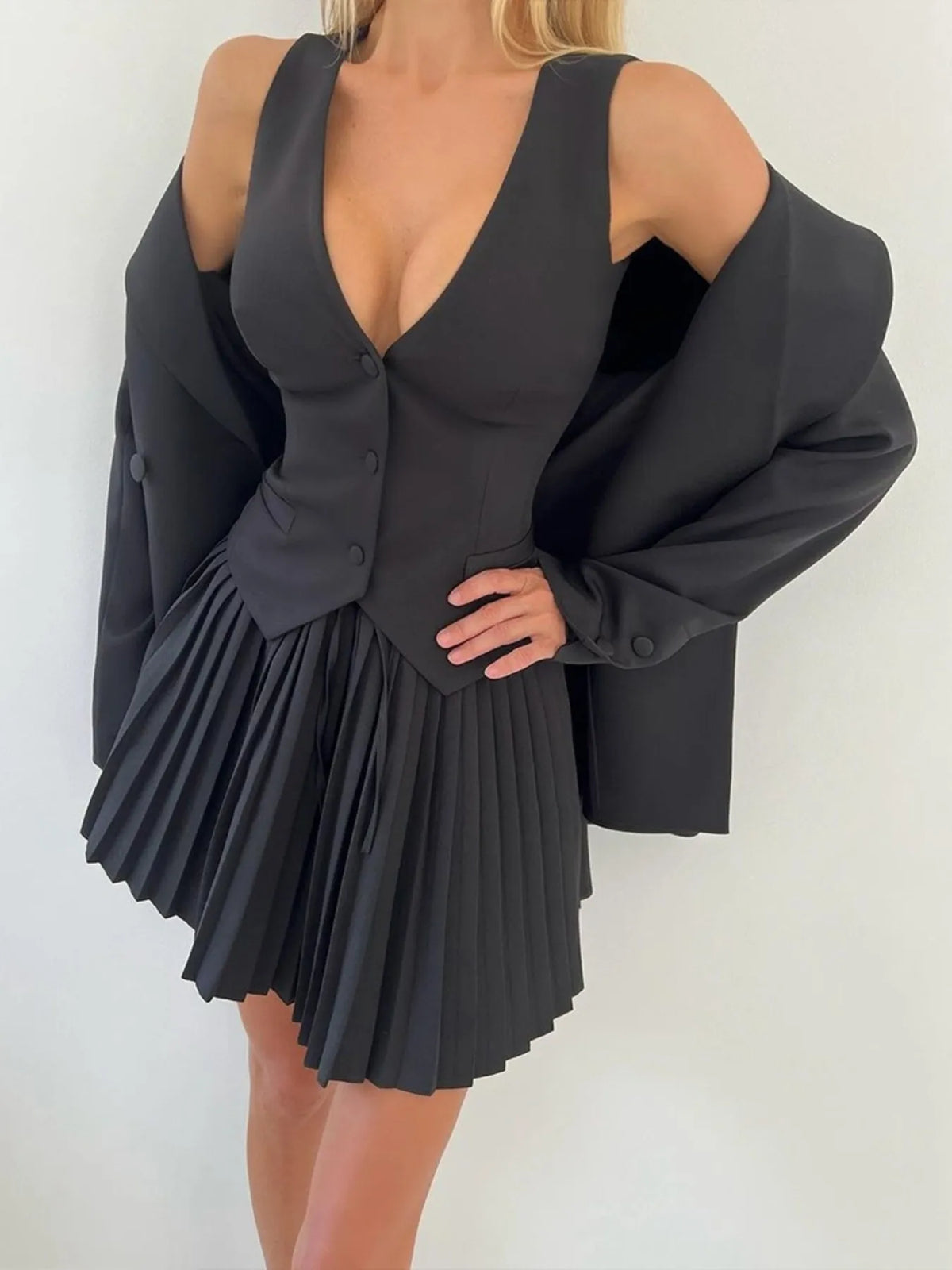 Willa Button-Vest & Pleated Mini Skirt Set