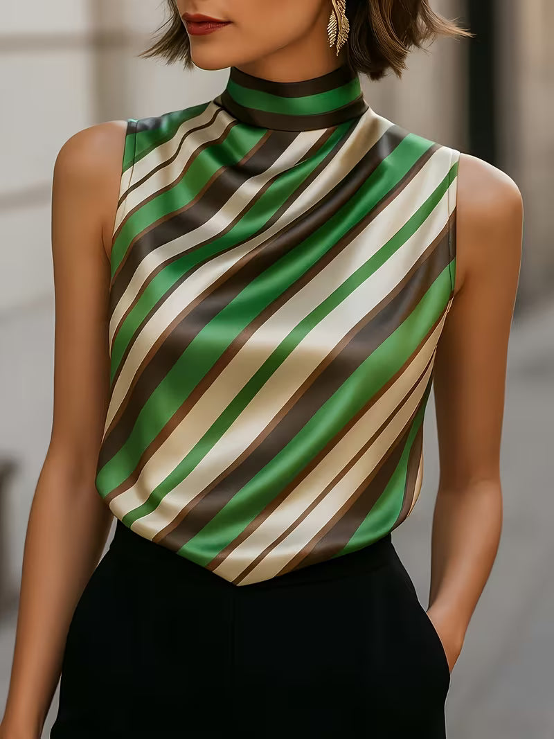 Alyza Striped Satin High-Neck Top