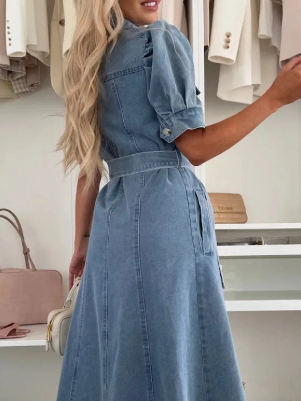 Petra Puff-Sleeve Button Denim Maxi Dress