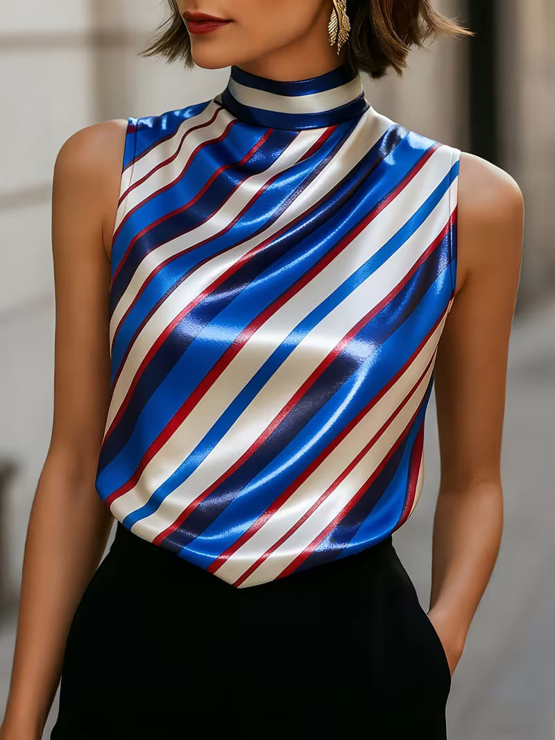 Alyza Striped Satin High-Neck Top