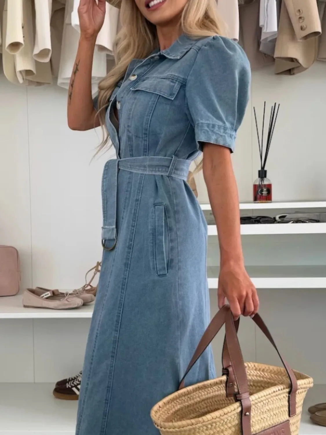 Petra Puff-Sleeve Button Denim Maxi Dress