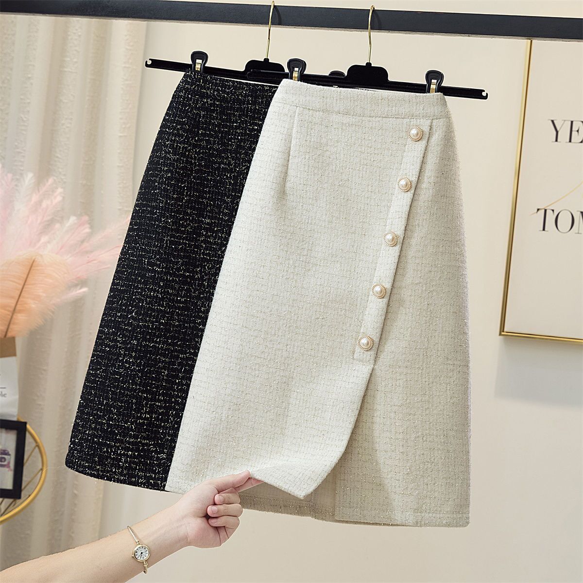 Florence Pearl-Button Tweed Skirt