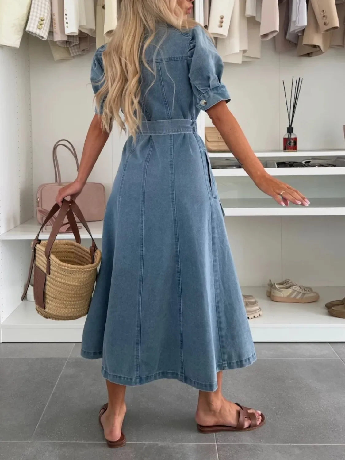 Petra Puff-Sleeve Button Denim Maxi Dress