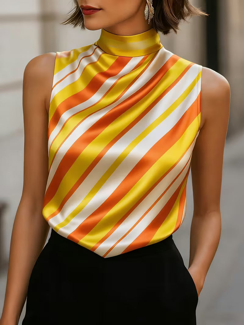 Alyza Striped Satin High-Neck Top
