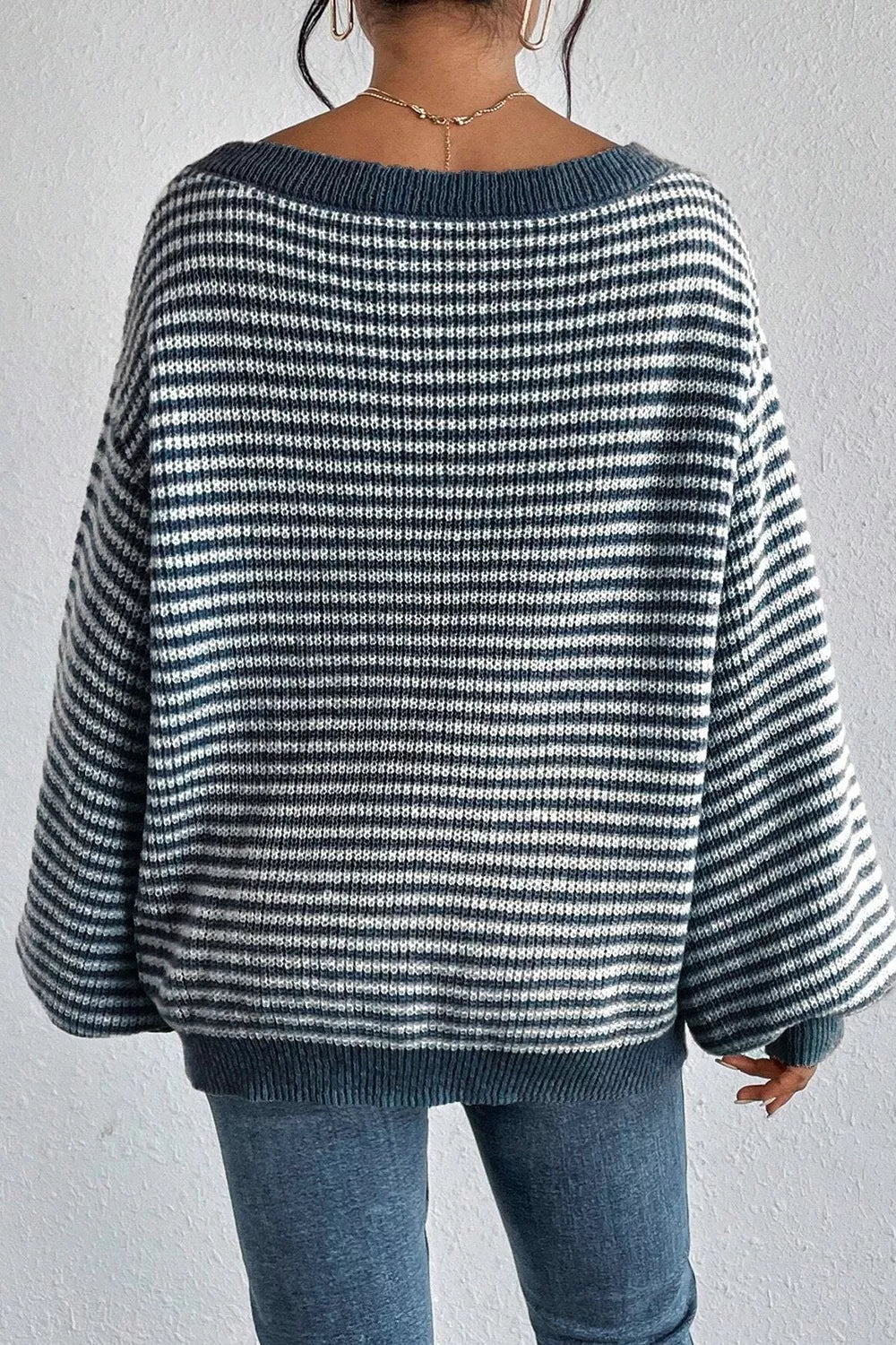 Lorene Striped Lantern-Sleeve Sweater