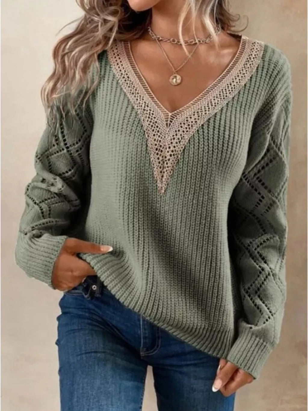 Ophira Openwork V-Neck Sweater