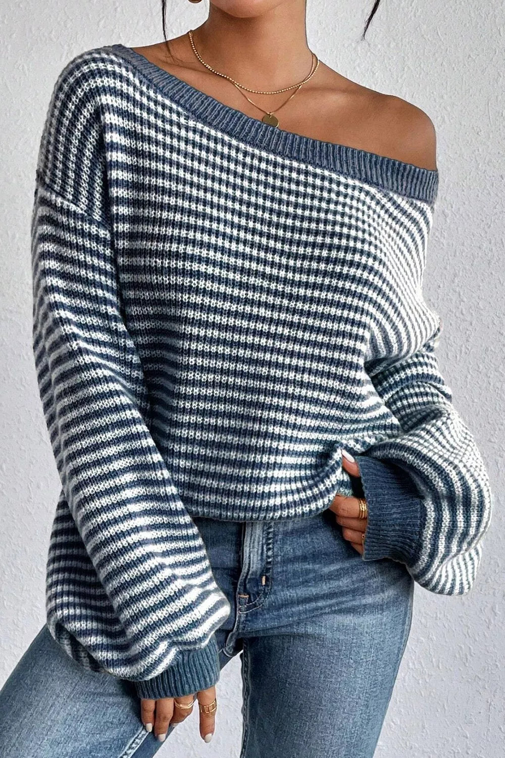 Lorene Striped Lantern-Sleeve Sweater