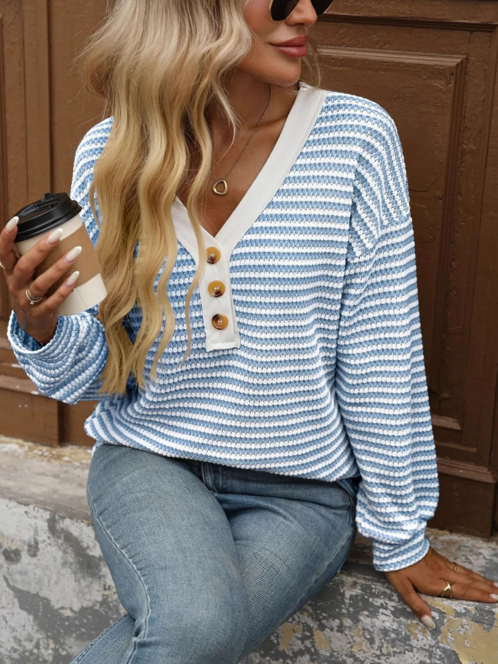 Stevie Striped V-Neck Button-Front Top