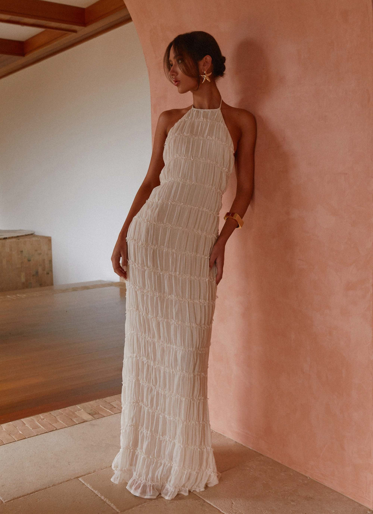 Aveline Halter Lace-Trim Ivory Maxi Dress
