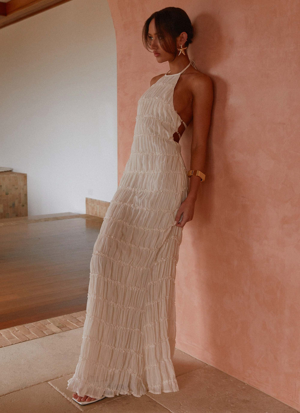 Aveline Halter Lace-Trim Ivory Maxi Dress