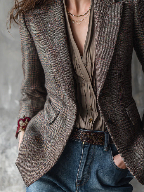 Corinne Rose-Embroidered Plaid Blazer
