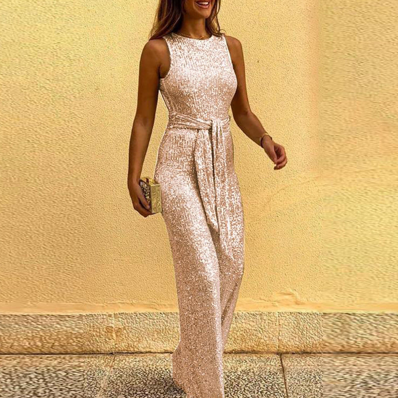 Elodie Sequin Tie-Waist Wide-Leg Jumpsuit