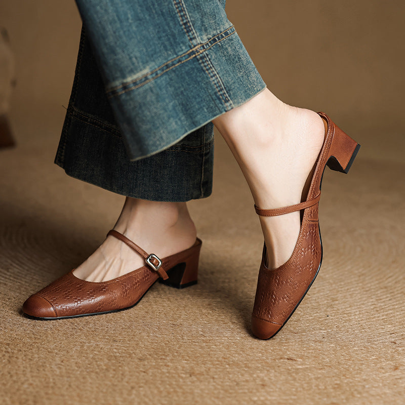 Aurelia Genuine Leather Block-Heel Mules