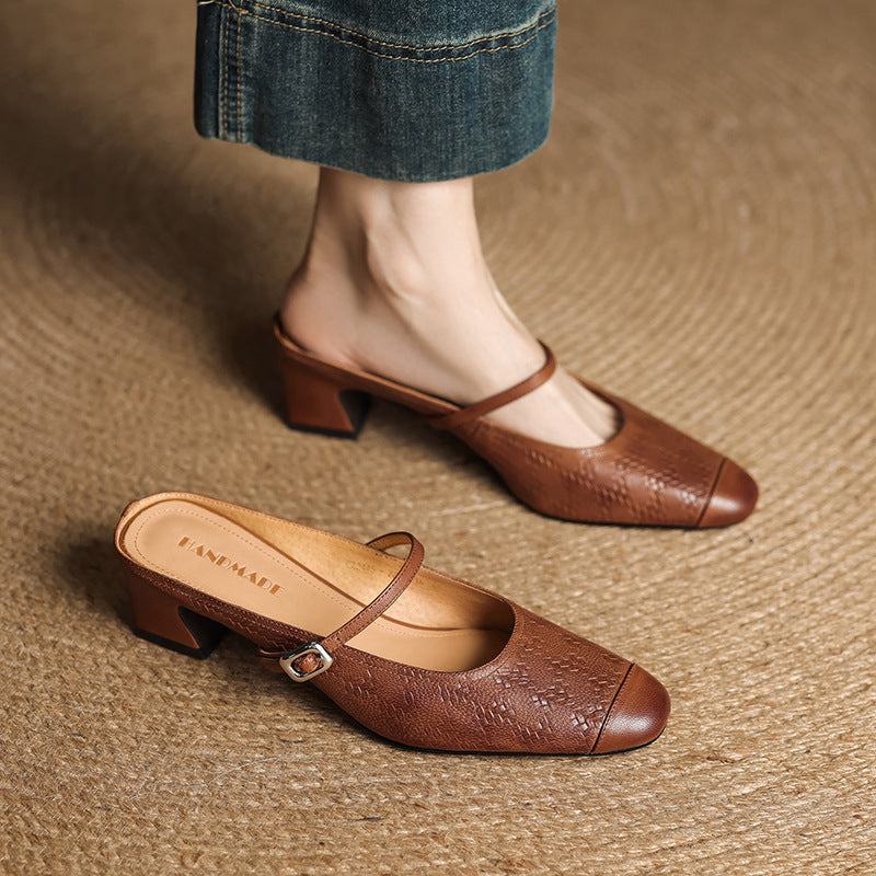 Aurelia Genuine Leather Block-Heel Mules
