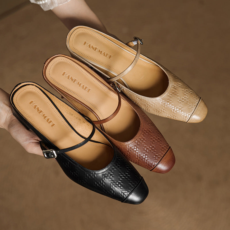 Aurelia Genuine Leather Block-Heel Mules