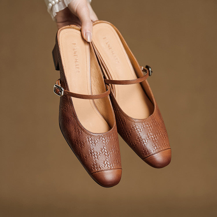 Aurelia Genuine Leather Block-Heel Mules