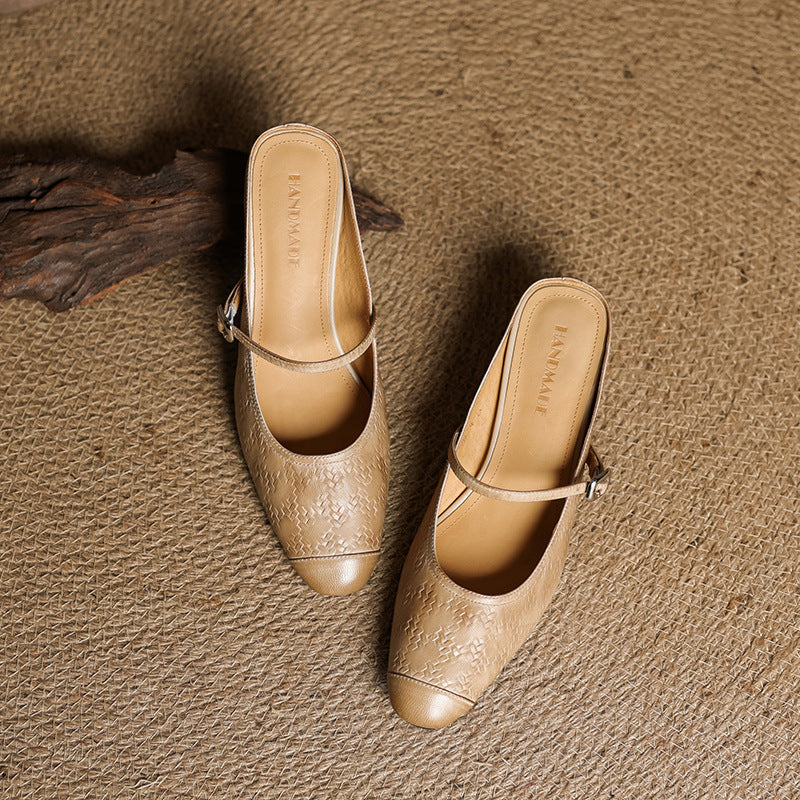 Aurelia Genuine Leather Block-Heel Mules