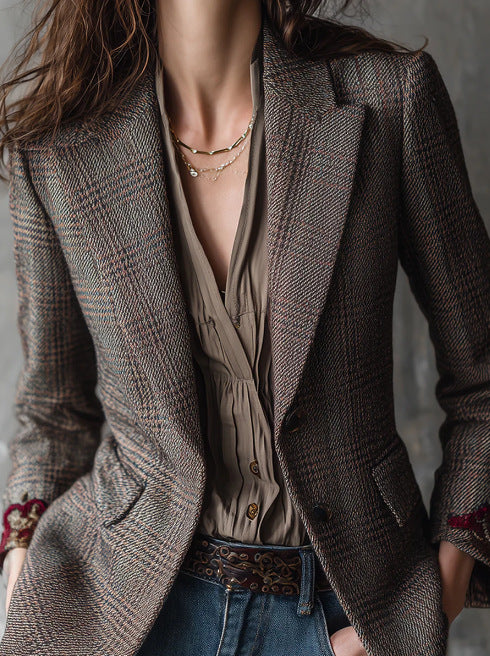 Corinne Rose-Embroidered Plaid Blazer