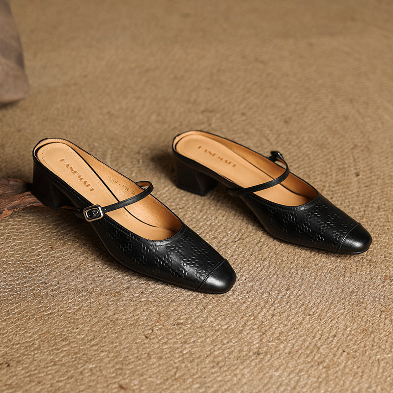 Aurelia Genuine Leather Block-Heel Mules