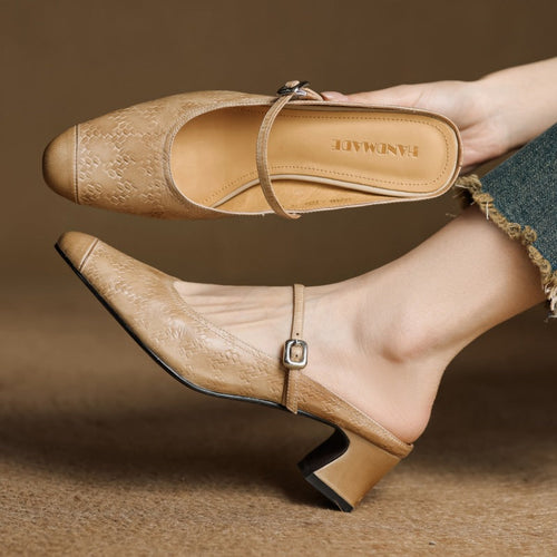 Aurelia Genuine Leather Block-Heel Mules