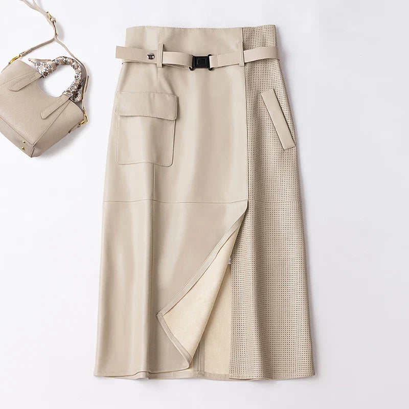 Bella Belted Leather Midi Skirt