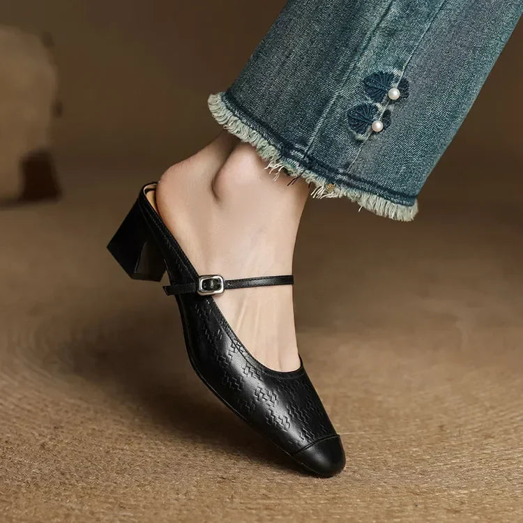 Aurelia Genuine Leather Block-Heel Mules