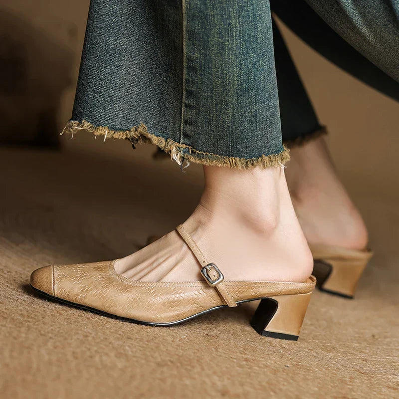 Aurelia Genuine Leather Block-Heel Mules