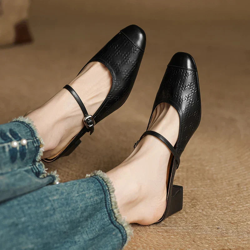 Aurelia Genuine Leather Block-Heel Mules