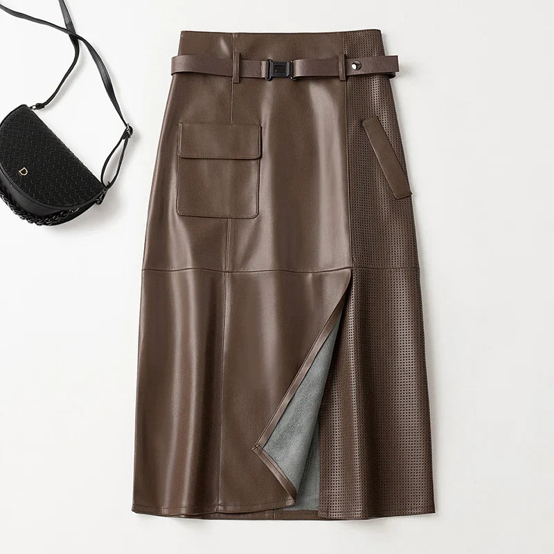 Bella Belted Leather Midi Skirt