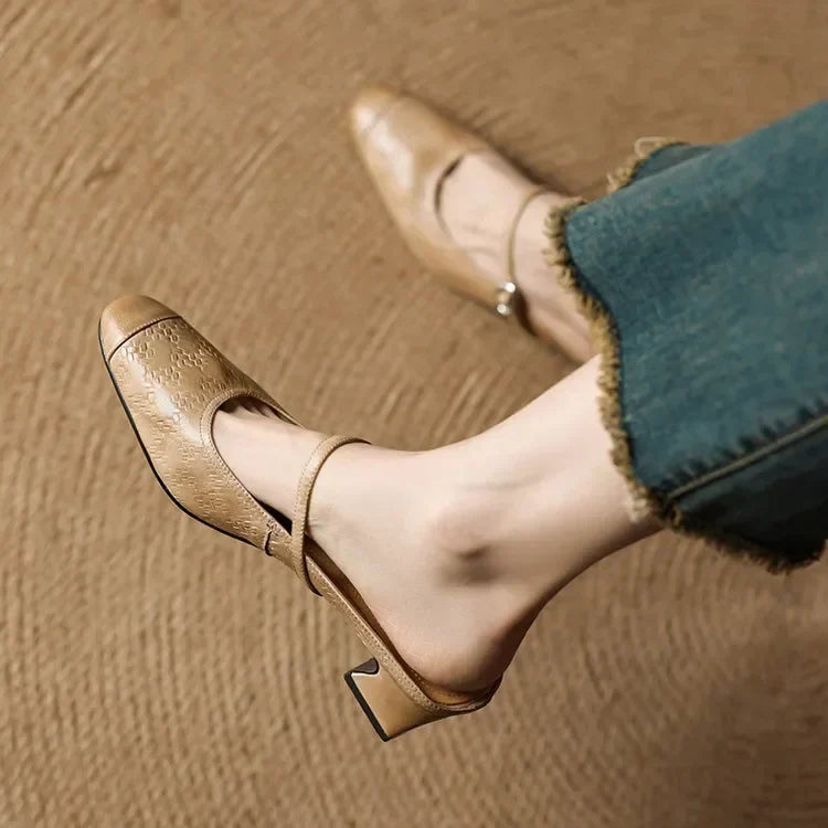 Aurelia Genuine Leather Block-Heel Mules