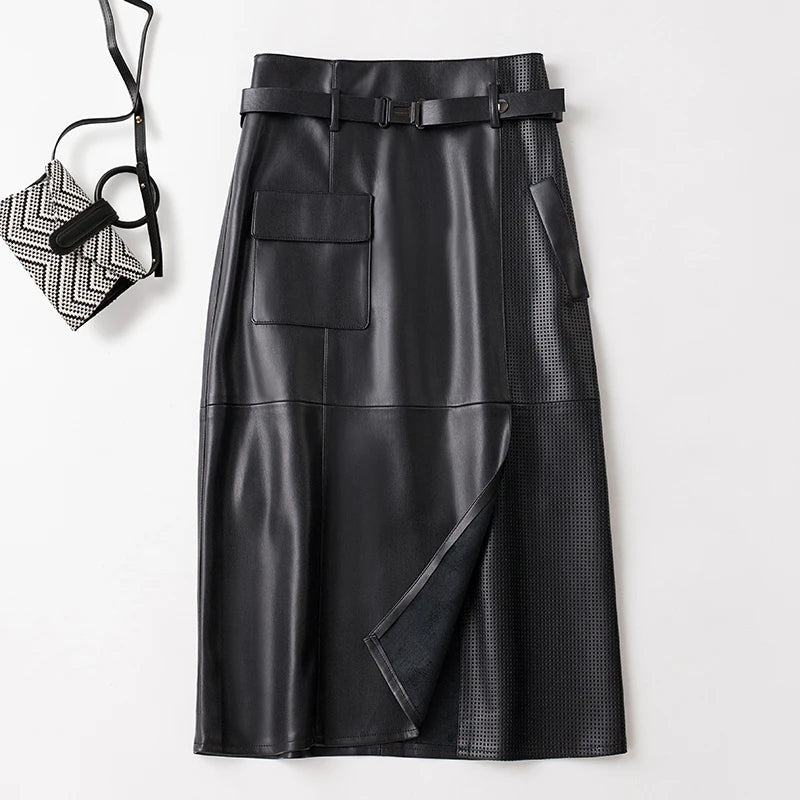 Bella Belted Leather Midi Skirt