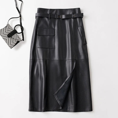 Bella Belted Leather Midi Skirt