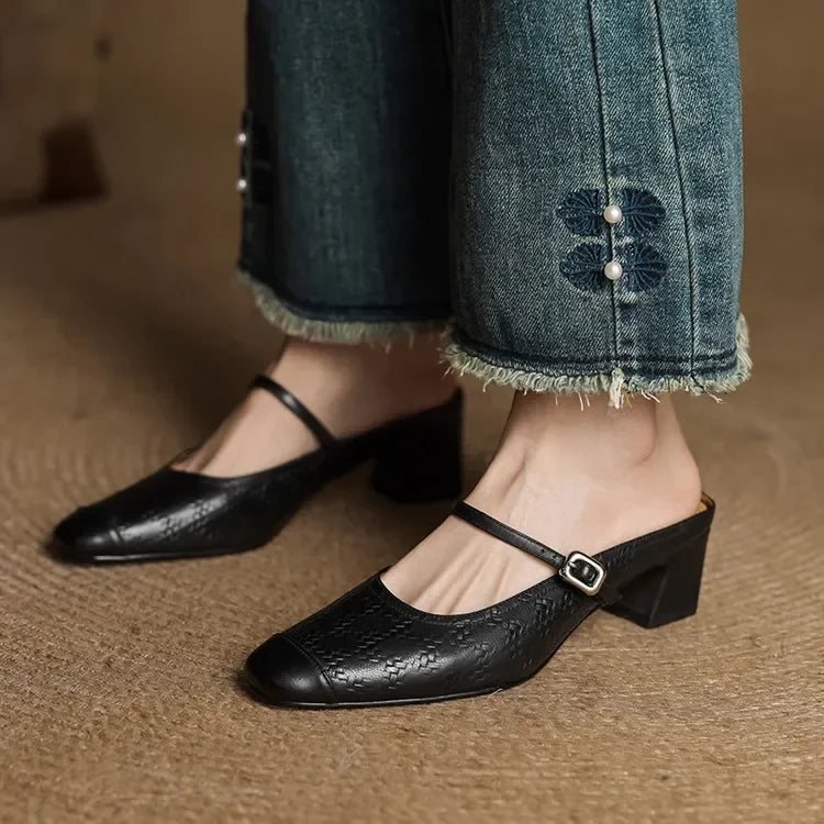 Aurelia Genuine Leather Block-Heel Mules