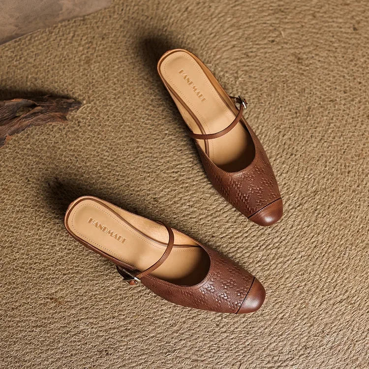 Aurelia Genuine Leather Block-Heel Mules