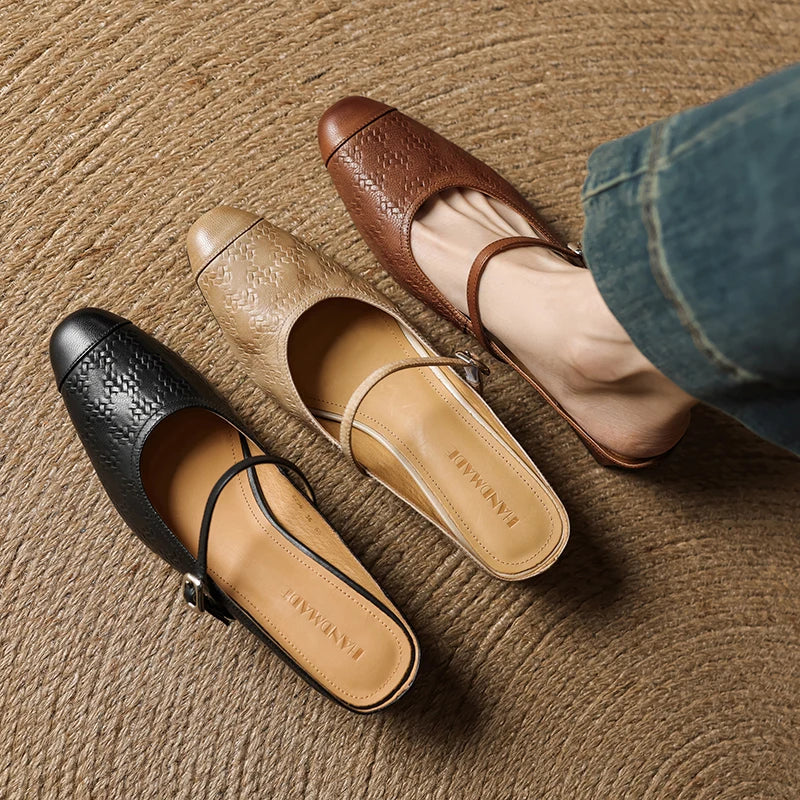 Aurelia Genuine Leather Block-Heel Mules