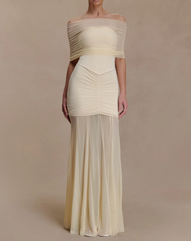 Caspia Off-Shoulder Slinky Mesh Maxi Dress