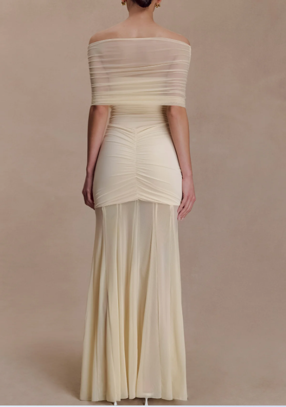 Caspia Off-Shoulder Slinky Mesh Maxi Dress
