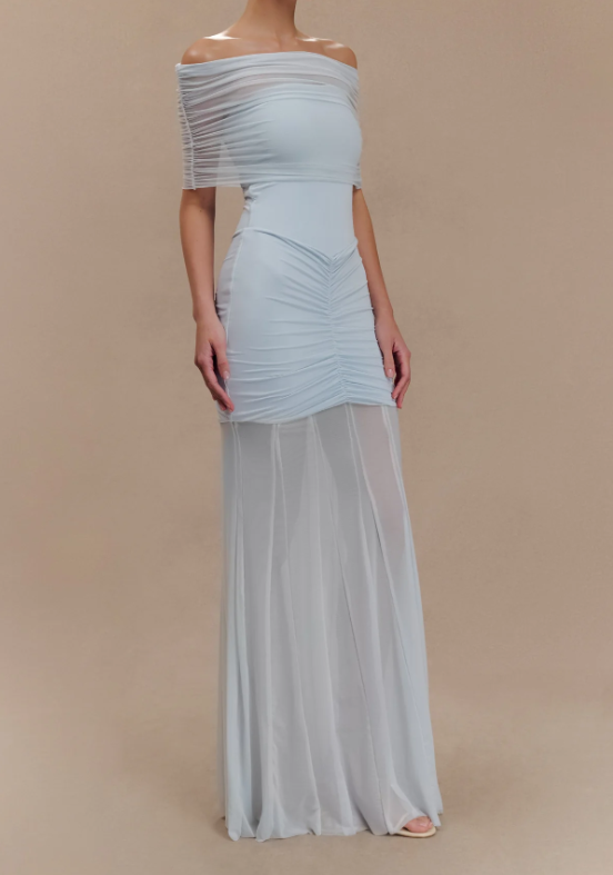 Caspia Off-Shoulder Slinky Mesh Maxi Dress