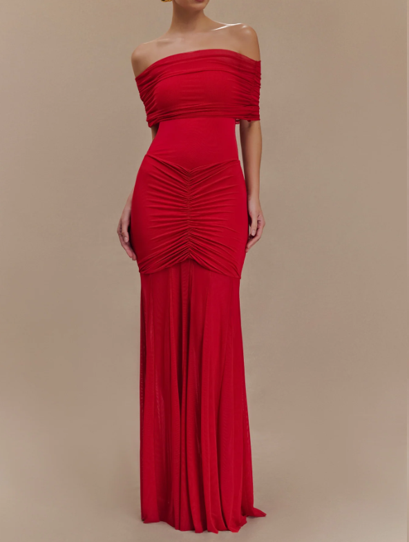 Caspia Off-Shoulder Slinky Mesh Maxi Dress