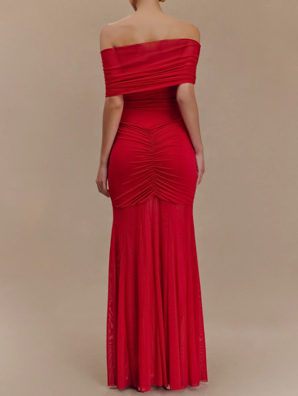 Caspia Off-Shoulder Slinky Mesh Maxi Dress