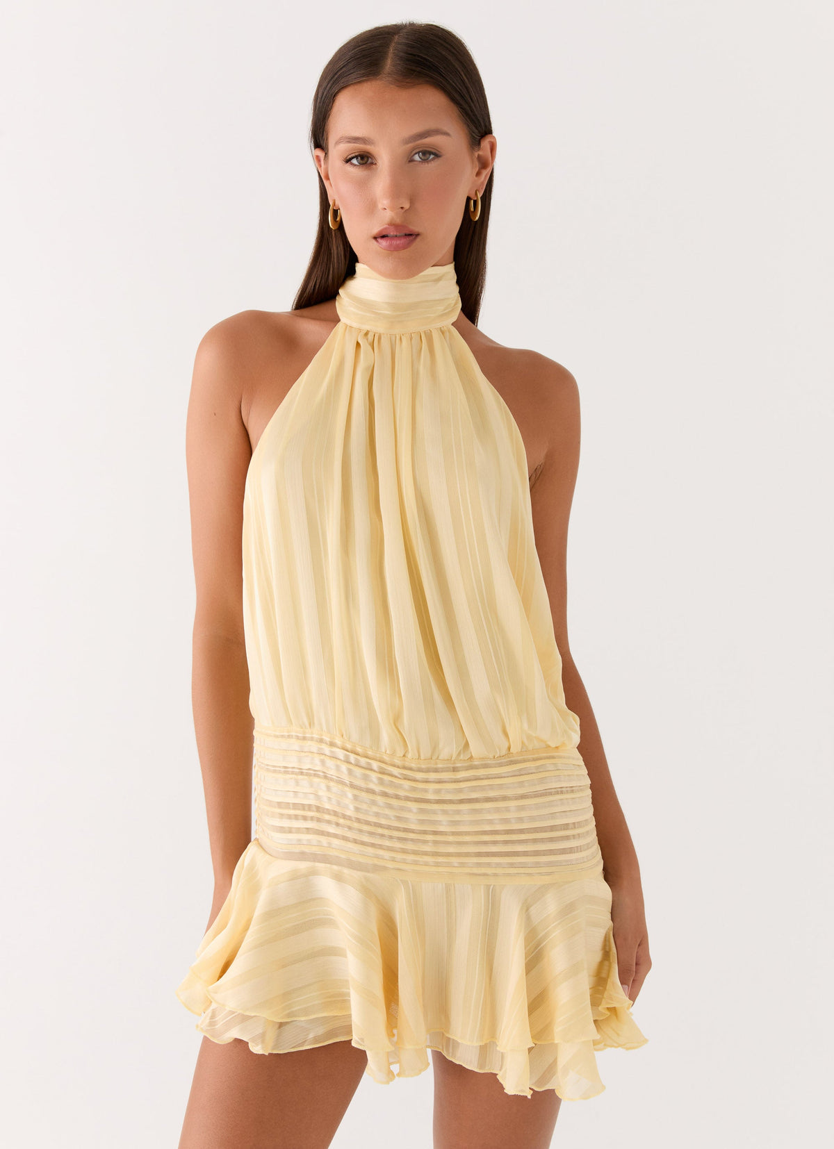 Winnie Yellow Chiffon Halter Mini Dress