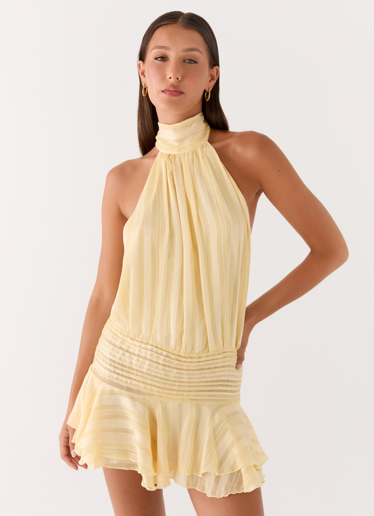 Winnie Yellow Chiffon Halter Mini Dress