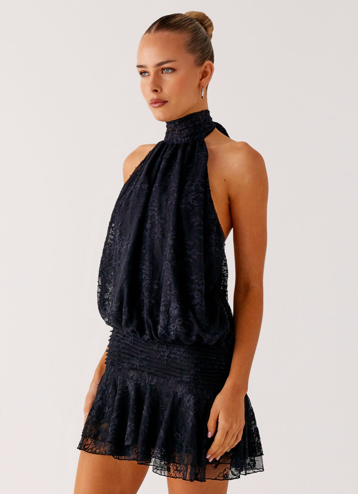 Winona Black Lace Halter Mini Dress