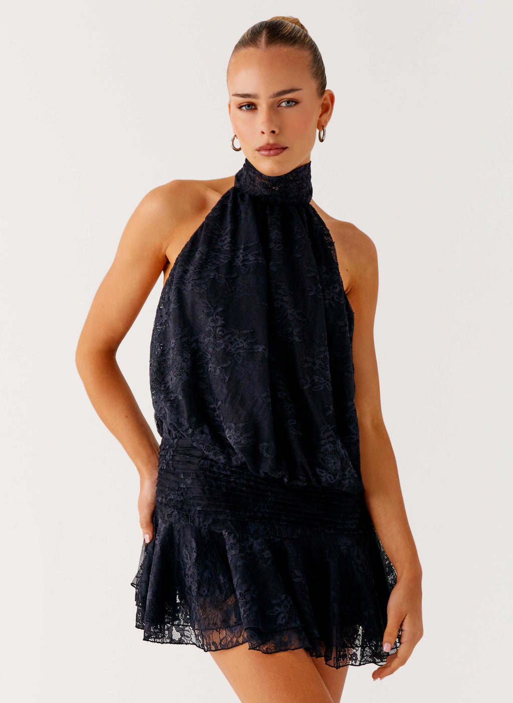Winona Black Lace Halter Mini Dress